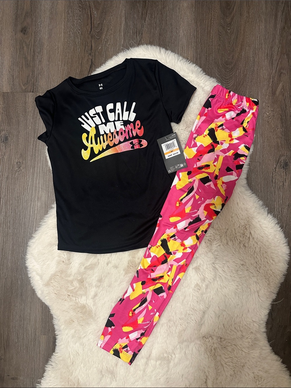 Under Armour Girls' Black Graphic Tee and Pink Patterned Leggings Set 6X